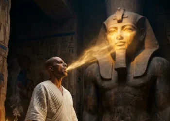 canto sacro nell'antico Egitto — sacerdote che canta davanti alla statua di un dio