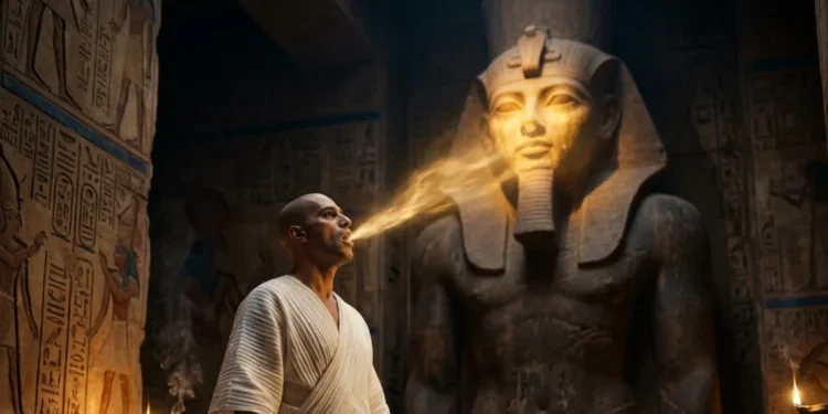 canto sacro nell'antico Egitto — sacerdote che canta davanti alla statua di un dio