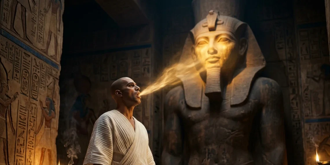 canto sacro nell'antico Egitto — sacerdote che canta davanti alla statua di un dio