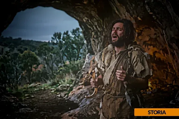 Uomo preistorico che canta all'ingresso di una caverna, origini del canto umano