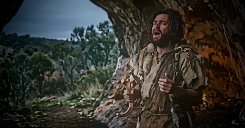 Uomo preistorico che canta all'ingresso di una caverna, origini del canto umano