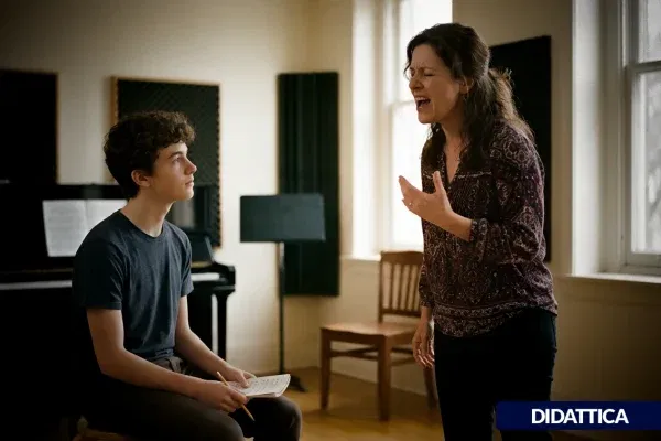 Insegnante di canto performer durante una lezione espressiva con allievo