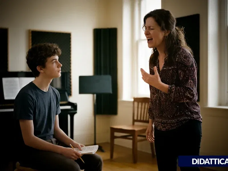 Insegnante di canto performer durante una lezione espressiva con allievo