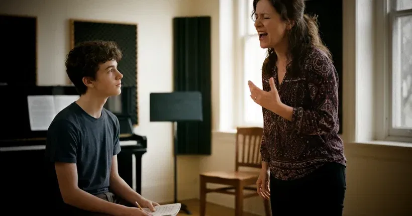 Insegnante di canto performer durante una lezione espressiva con allievo